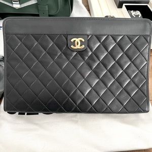 CHANEL Black Quilted Clutch with Gold Logo